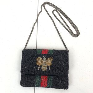 Italian Designer Inspired Beaded Queen Bee Clutch Crossbody Bag Black Green Red